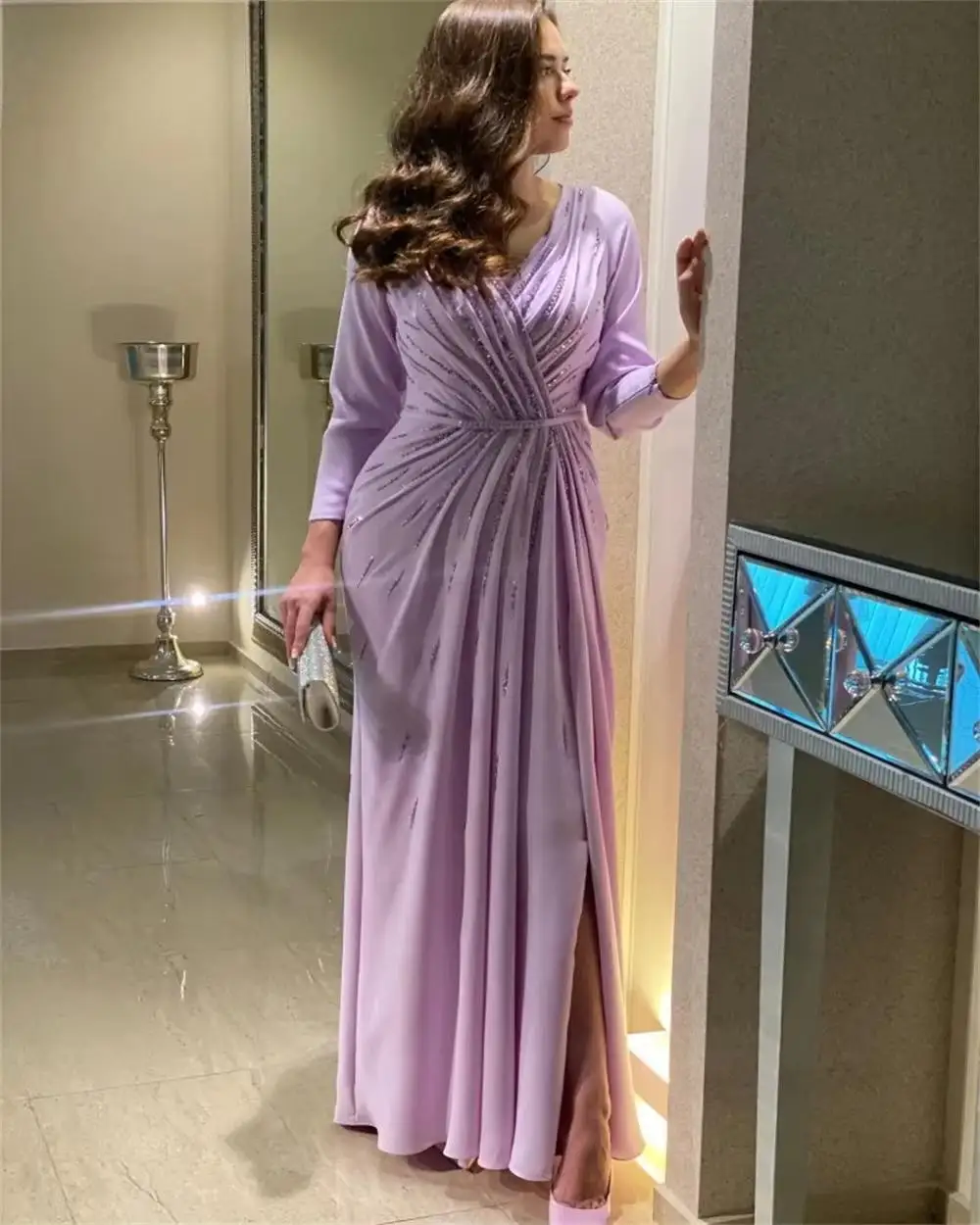 

Purple V-Neck Evening Dress 2025 Long Sleeve Beaded A-Line Split Floor-Length Prom Dress Pleated Wedding Party Dress Customized