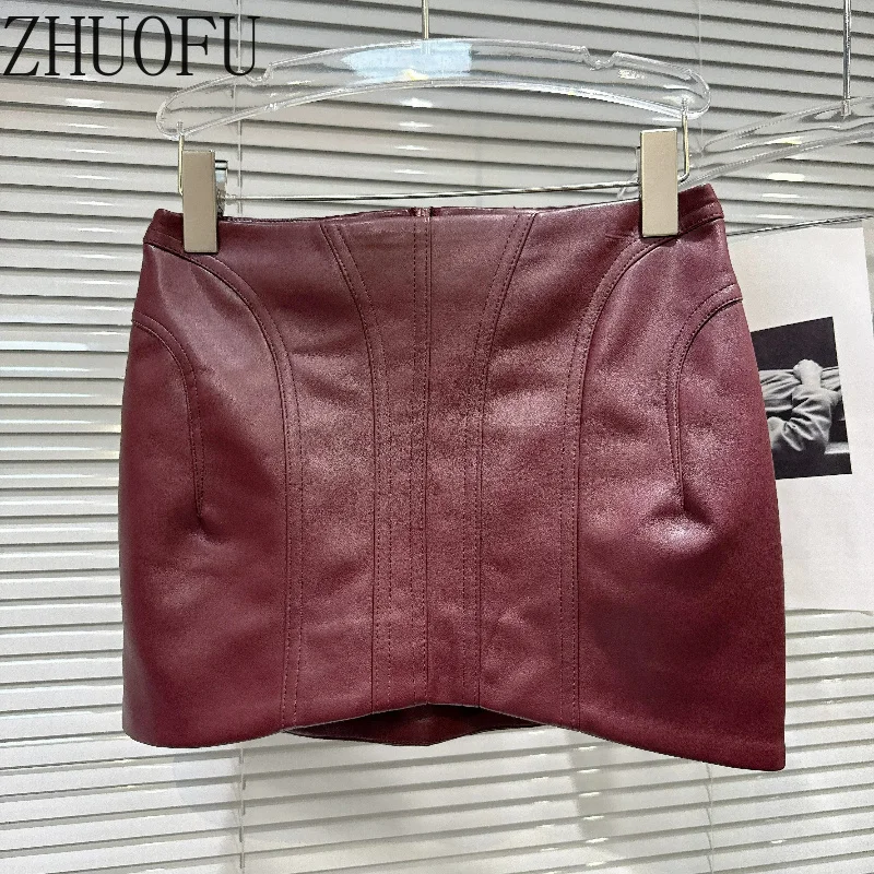 2026 Autumn New Women's Clothing Sexy Sweet Cool Hot Girl Wine Red Sewing Pleated Edge Design PU Leather Short Skirts Ladies