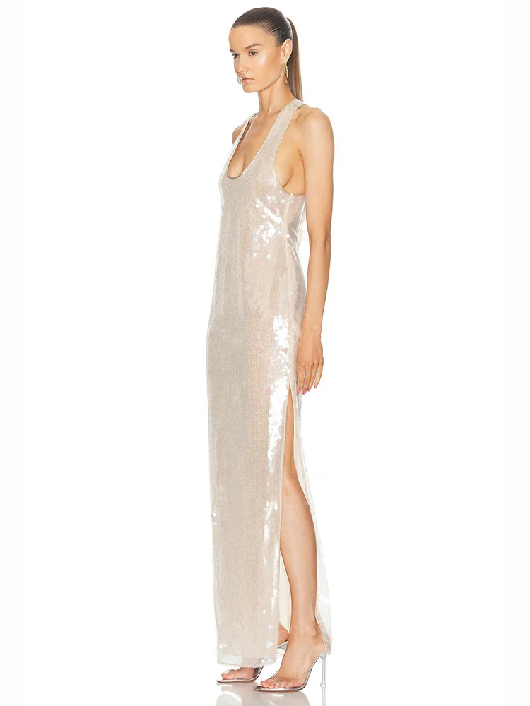 Sexy Sling Glitter Sequins Side Split Slim Long Dress Women Beige Sleeveless Backless Dresses Evening Party Celebrity Gowns