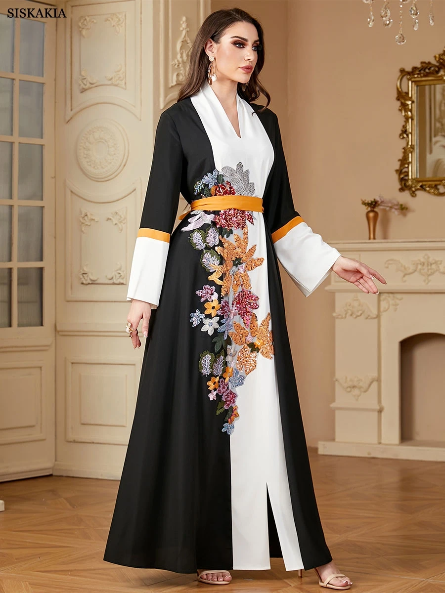 Siskakia Ramadan Dubai Sequins Patchwork Abaya Panel Sleeve Kaftan With Sashes Muslim Woman Costume Elegant Loose Dresses
