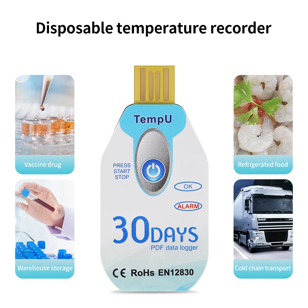 USB Temperature Data Logger Disposable PDF Report USB Port 10000 Points Temperature Recorder 30/60/90 Days Cold Chain Use