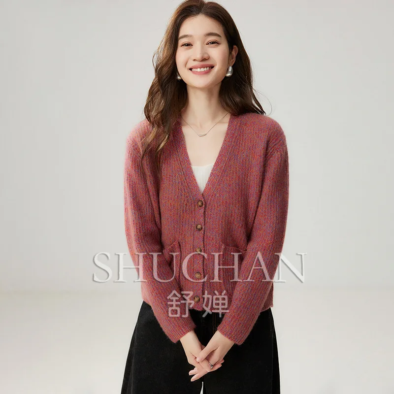35% Cashmere Cardigan 410g 2026 Autumn and Winter Women's V-neck Yarn Bottoming Shirt Elegant Style Thickened Temperament Jacket