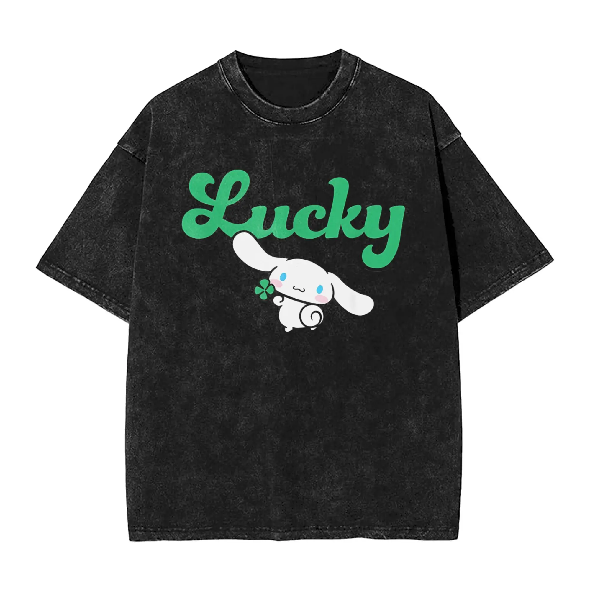 Cinnamoroll Lucky Clover T Shirt for Men Pure Cotton Vintage T-Shirts Round Collar  Tee Shirt Short Sleeve Clothes Plus Size