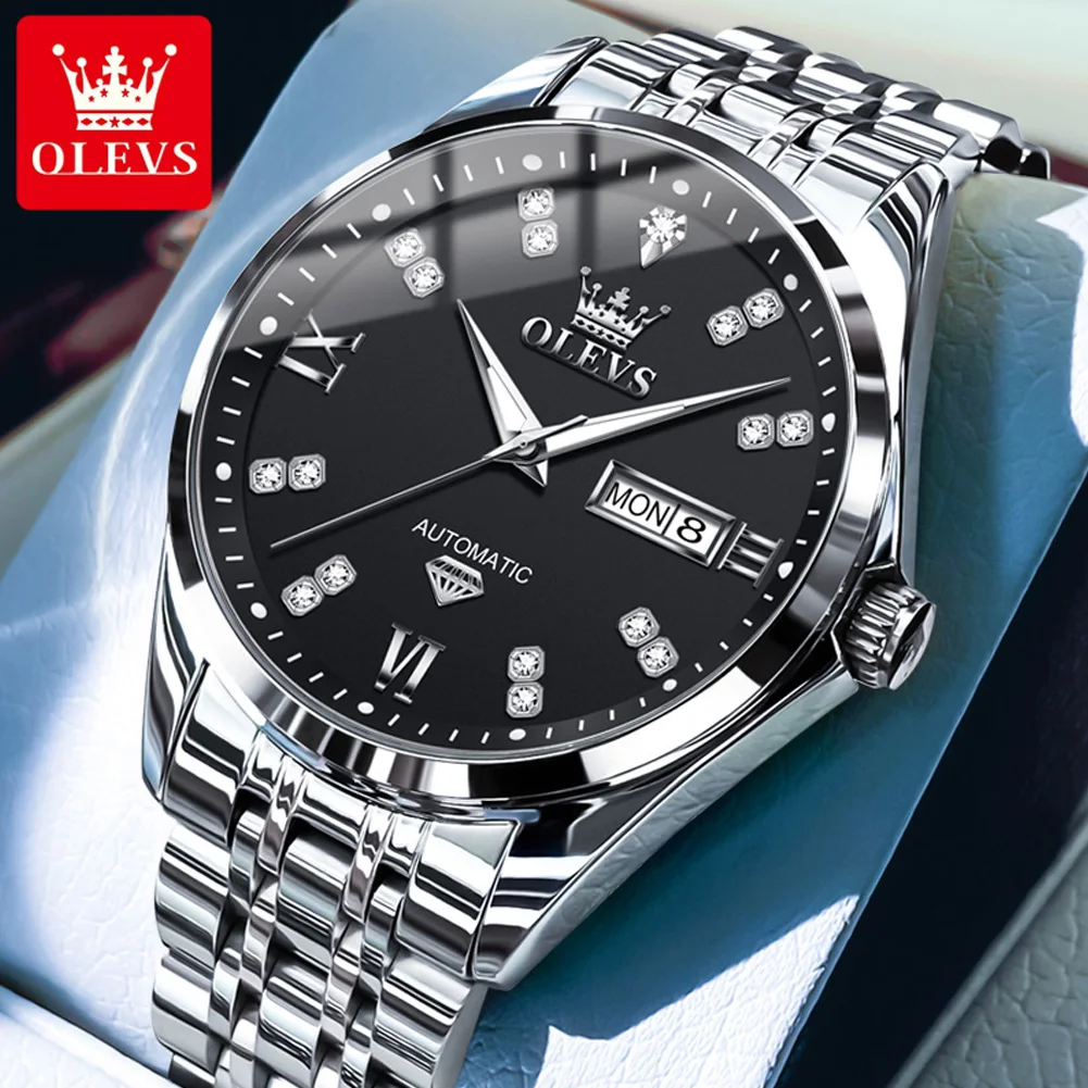 

OLEVS Fashion Diamond Mechanical Watch Men Stainless Steel Waterproof Luminous Week Date Luxury Watches Mens Relogio Masculino