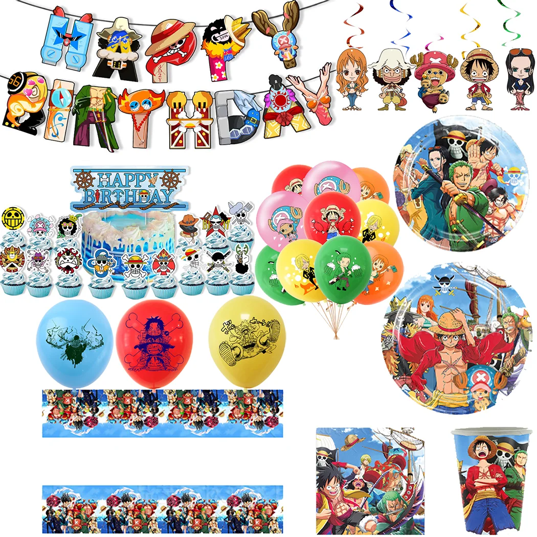 One Piece Birthday Party Decorations Disposable Tableware Set Tablecloth Napkins Balloon Cake Insert Backdrop Pirate Luffy