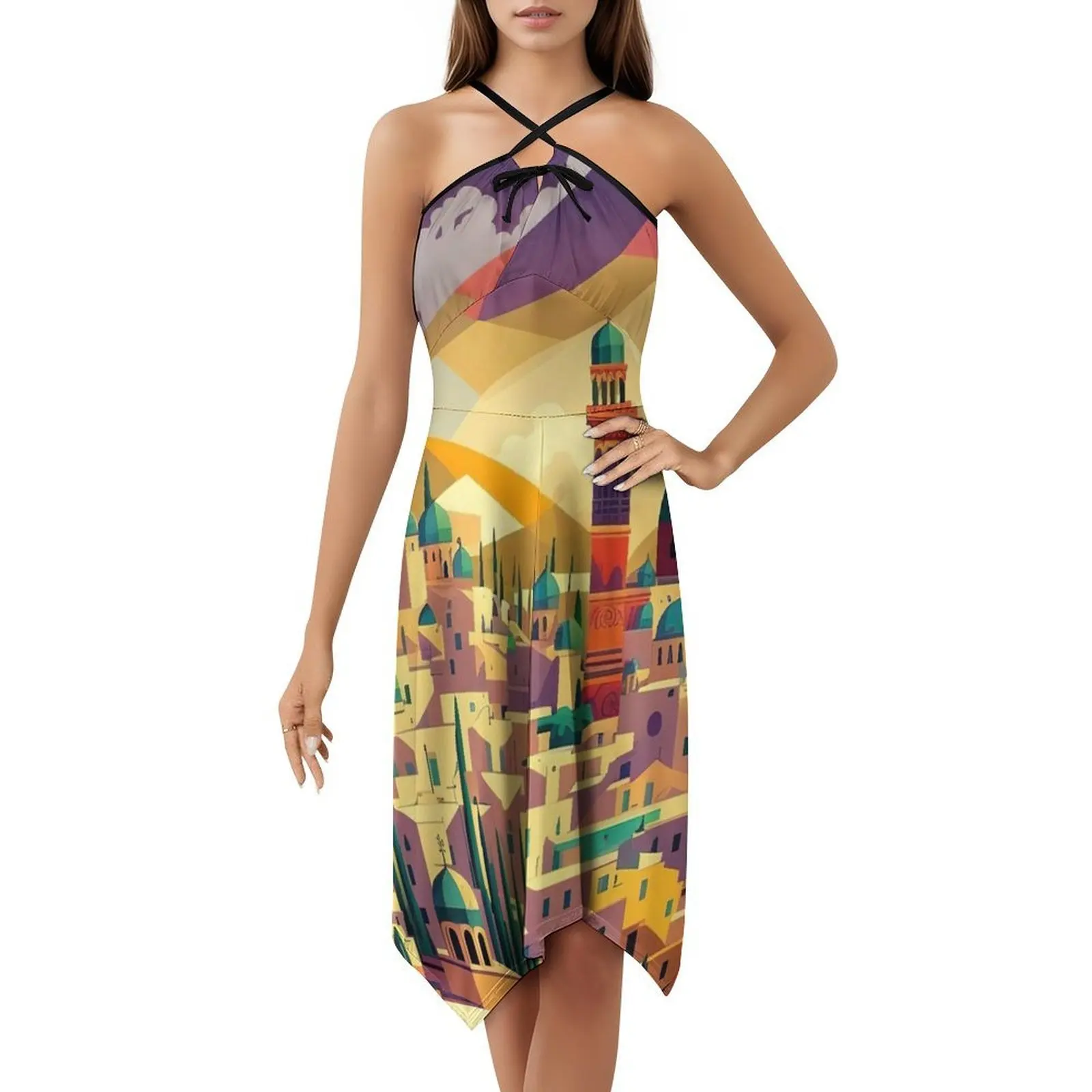 فستان Jerusalem Art بوهيمي بدون أكمام متعدد الطباعة لحفلات العطلات على الشاطئ، فستان Jerusalem Jerusalem Retro Jerusalem Womens #5