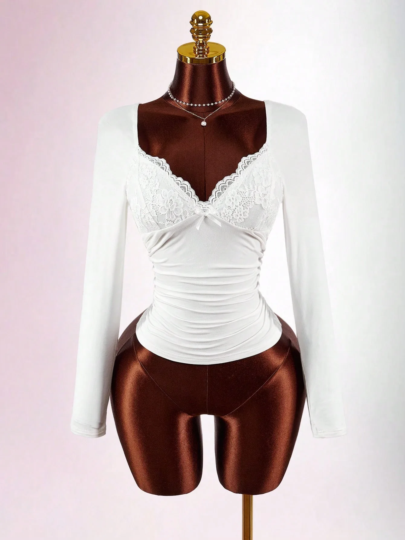 

New Arrival Women's Slim Fit Elastic Pure Color Long Sleeve Deep V Lace Splice Top Base Shirt Fashionable Versatile Base Layer