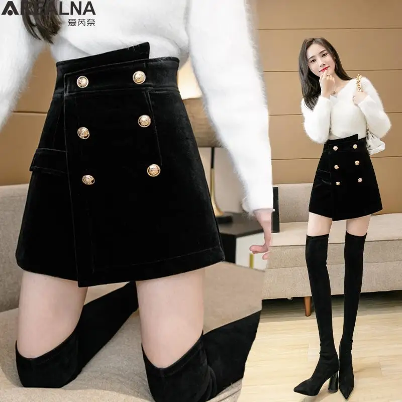 Spring High Waist Skirts Womens Sexy Vintage A-Line Golden velvet Skirt Korean fashion Buttons office Black loose Skirts S-5xl