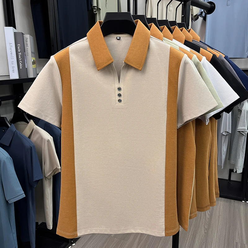 Hochwertiges Marken-Poloshirt aus Seide und Baumwolle mit kurzen Ärmeln bequemes atmungsaktives Herren-T-Shirt Sommer neue Mode Farbblockierung lässiges Oberteil – Detail 13