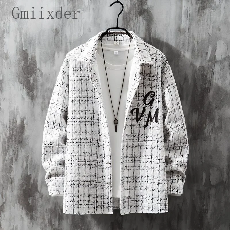 

Men's Outerwear Stripe Shirt Summer Loose Fitting Korean High Street Jacket Unisex Elegant Letter Printed Lapel Blouse