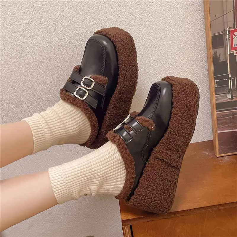 High Heels Women Cotton Slippers Fashion Platform Walking Leather Shoes 2024 Winter New Trend Pumps Designer Zapatillas Female