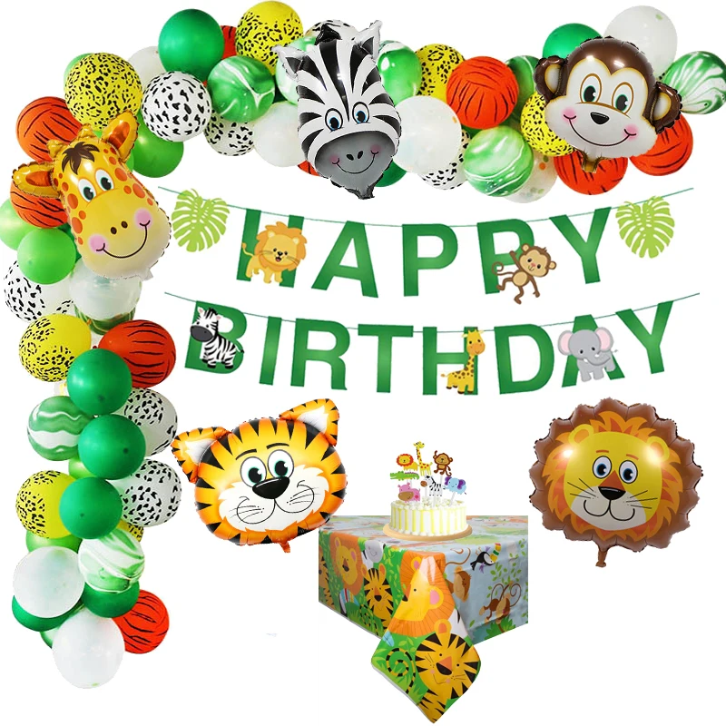 

Safari Birthday Party Decoration Anniversaire Jungle Boy Banner Tablecloth Jungle Animal Birthday Balloons Garland Supplies