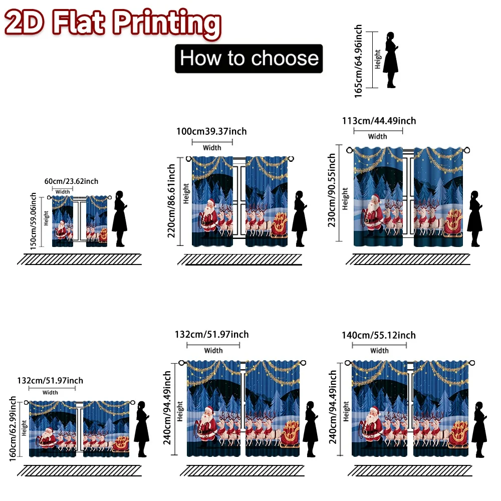 2D flat printing 2pcs Classic Christmas Curtains Christmas Santa and Reindeer Scene Beautiful and stylish, 100% polyester fiber