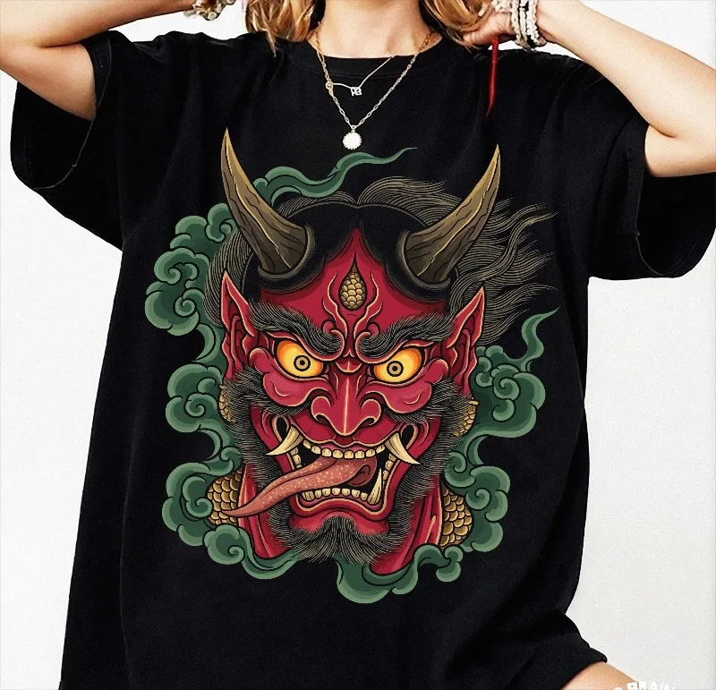 Japanese Demon Mask T-Shirt, Traditional Tattoo Art Summer Men's and Women's Loose and Breathable T-shirt Top