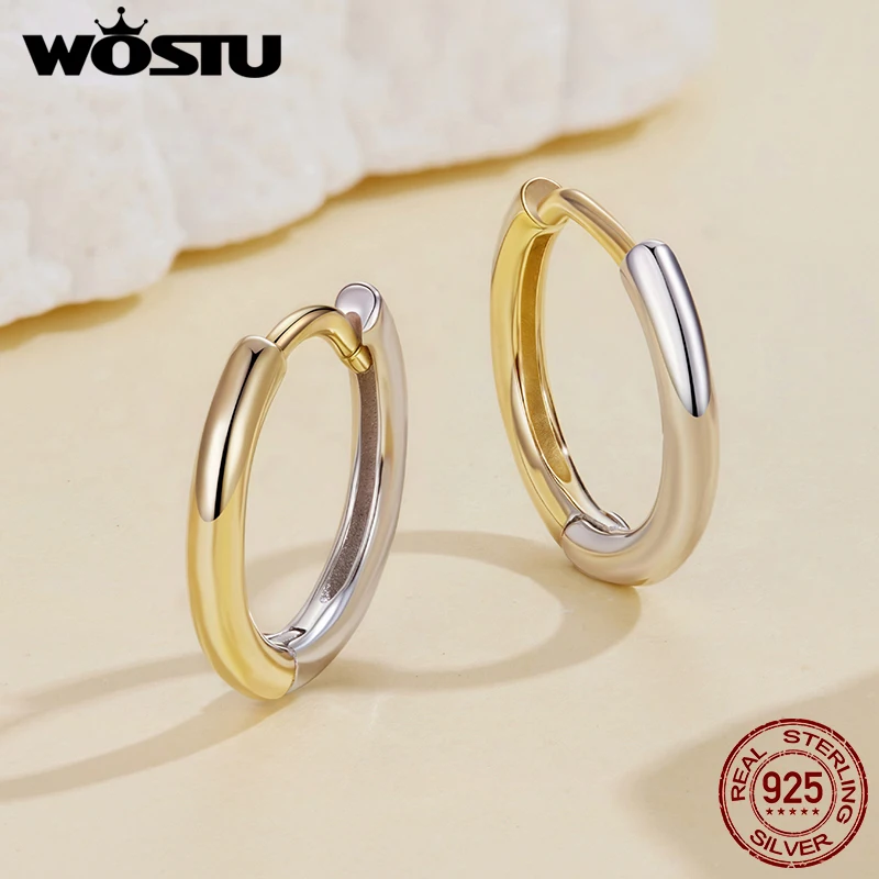 

WOSTU стерлингового серебра 925 пробы, двухцветные простые круглые серьги Huggies для женщин, позолоченные серьги-кольца 18 карат с геометрическим рисунком, подвески