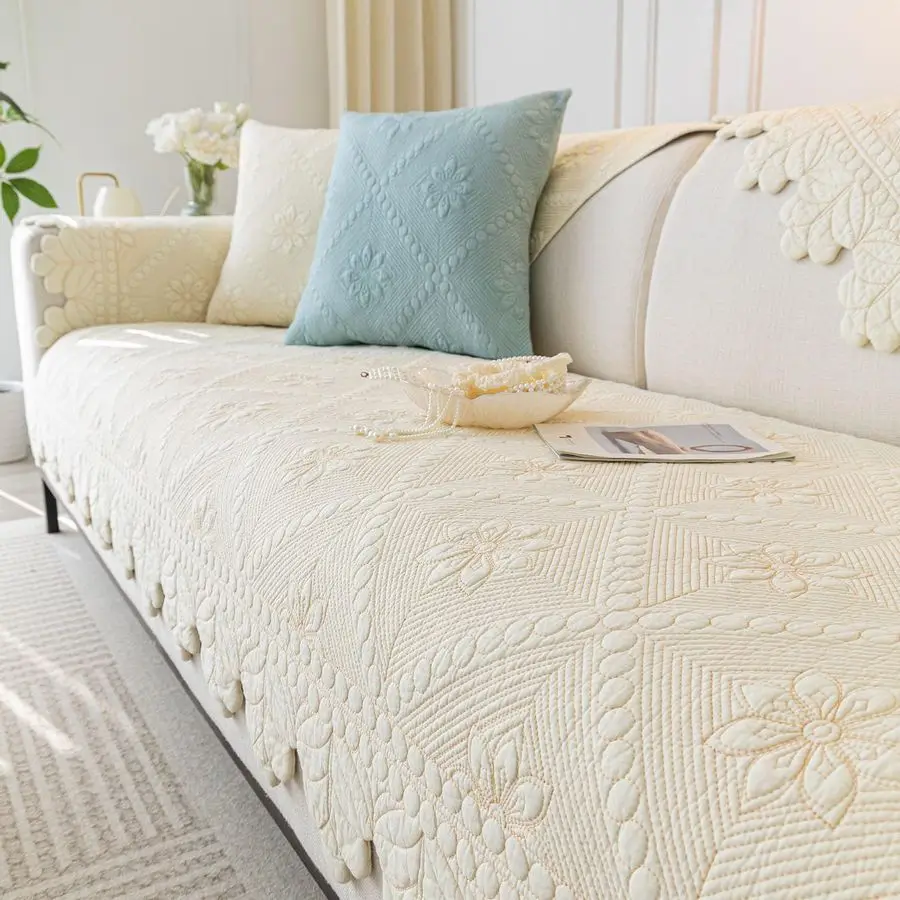 

Чехол для дивана из 100% хлопка в стиле фермерского дома, стеганый, с цветочной вышивкой, нескользящий, мягкий, моющийся, защитный чехол для мебели