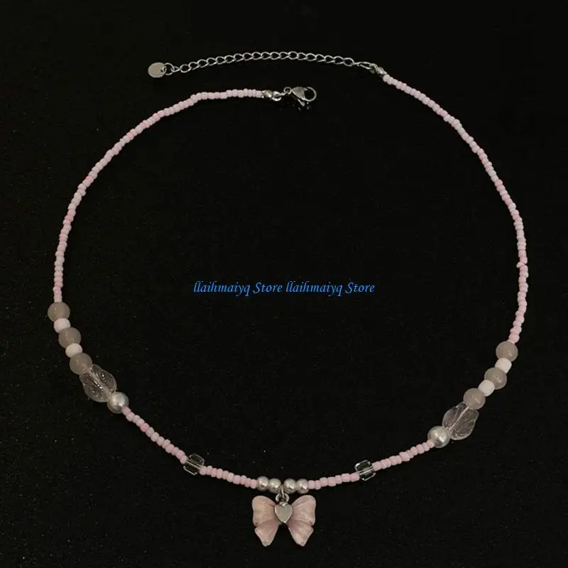 573B Gargantilla con colgante lazo único, cadena clavicular elegante, joyería con cuentas rosas para cuello