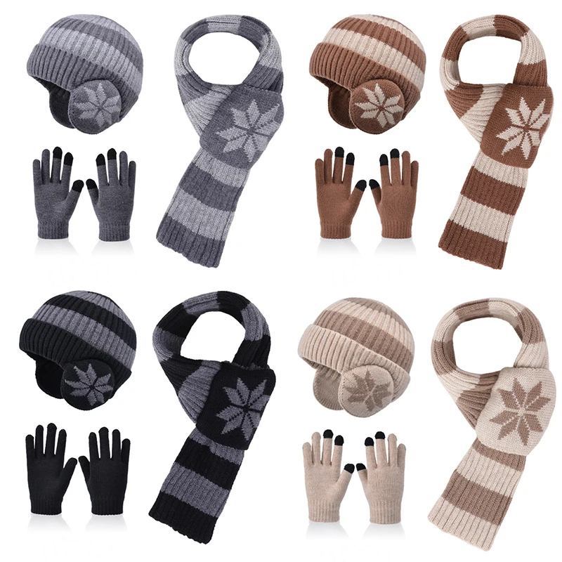 

3Pcs Kids Hats Gloves Scarf Trendy Striped Knitted Hat Boy Girl Baby Winter Plus Velvet Ear Protection Caps Child Warm Items Set