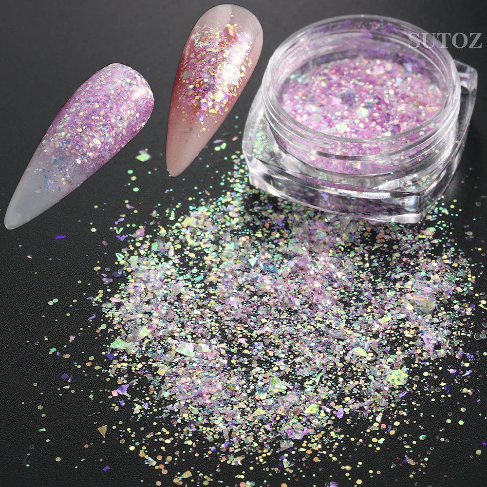 Iridescent Nail Glitter Powder Blue Violet Mermaid Sequins Crystal Opal Flakes Hologram Nail Pigment Paillette Manicure NTOBV