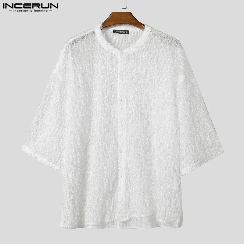 

INCERUN 2025 Men Shirt Tassel Solid Color 3/4 Sleeve O-neck Casual Men Clothing Streetwear Loose Summer See Through Male Tops