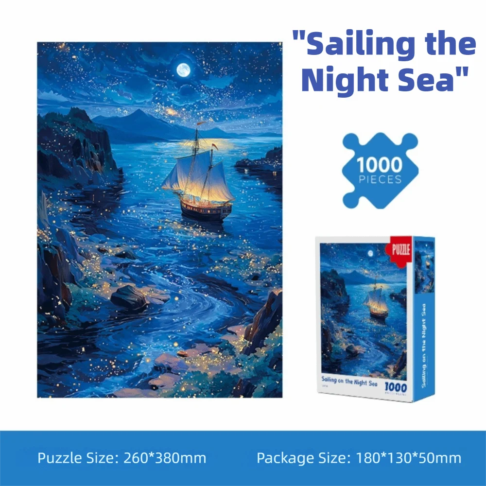 1000 Pieces Paper Mini Jigsaw Puzzle Sailing the Night Sea 26x38cm Educational Puzzle Brain Teaser Leisure Family Activity