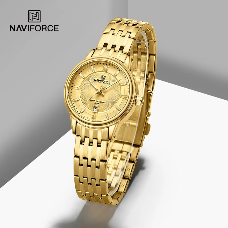 NAVIFORCE Classic Elegant Couple Watch Quartz Calendar Clock with Stainless Steel Band 3ATM Waterproof Fashion Lovers Wristwatch