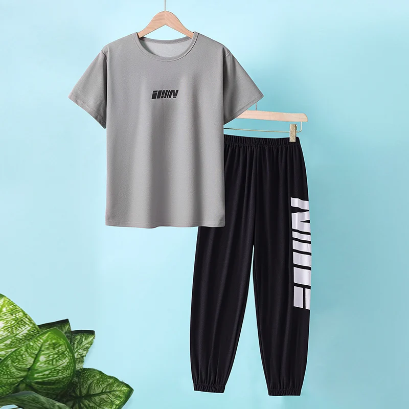 2-pcs الصيف الشباب أزياء إلكتروني مجموعة 13-16 سنة الفتيان والفتيات بسيطة ومتعددة الاستخدامات إلكتروني تي شيرتات قصيرة الاكمام السراويل السوداء #3