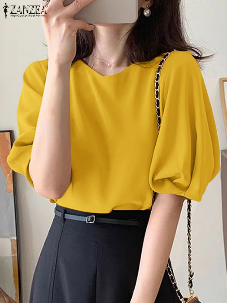 

ZANZEA Blusas с короткими пышными рукавами, женские рабочие топы, винтажные однотонные туники с круглым вырезом, 2025 г., повседневный свободный летний пуловер большого размера