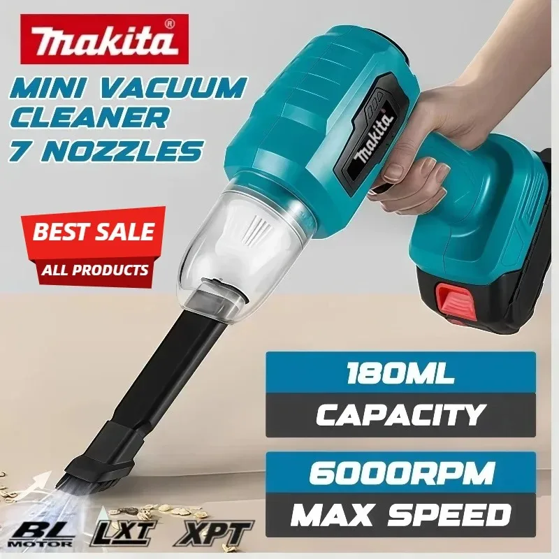 

Беспроводной пылесос Makita: 200 Вт, 10000 Па, емкость 180 мл, 7 насадок, для эффективной уборки автомобиля и рабочих помещений, 18В/20В
