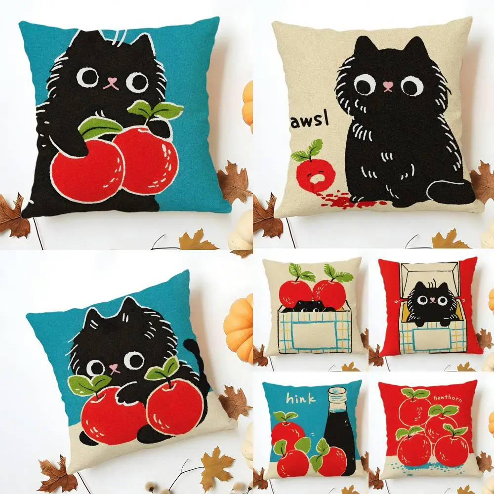 Cartoon hand-drawn cat Cushion Cover Washable Linen comfort Soft  for Sofa Bed Cozy Home Room Decor