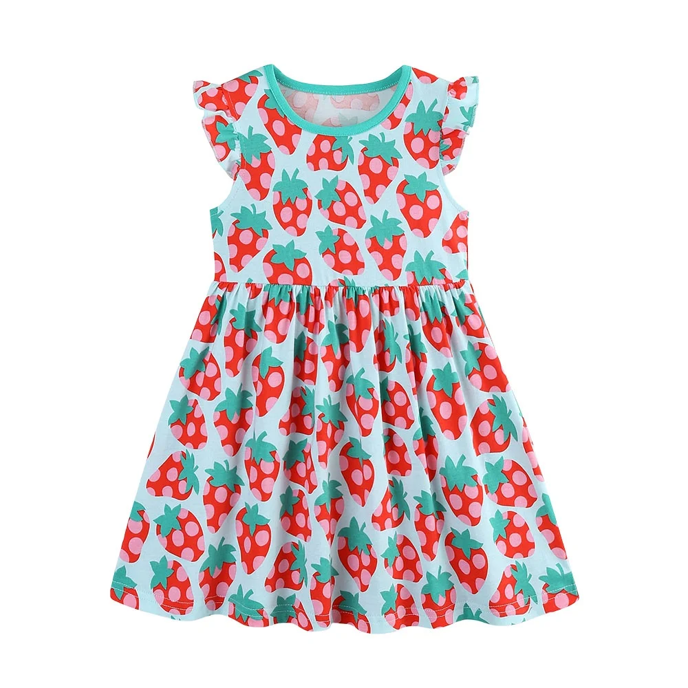 2-7T Summer Short Sleeve Strawberry Printed Girls Dresses Hot Selling Sleeveless  Kids Girls Clothing Todder Frocks Wear