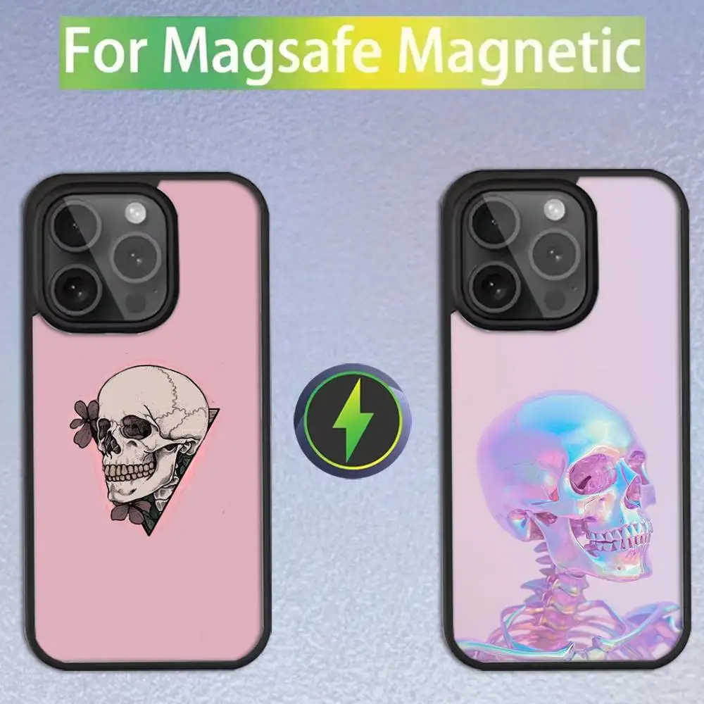 

Розовый чехол для телефона со скелетом для iPhone 16,15,14,13,12,11, Pro, Max, Plus, Mini, SE Magsafe с магнитной беспроводной зарядкой