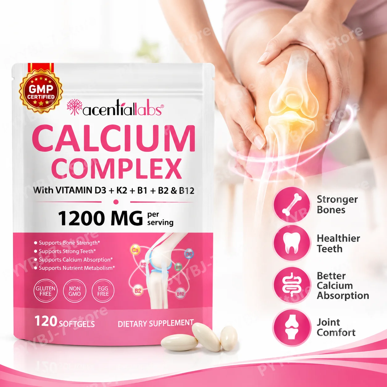 Calcium Complex Softgels Boost Bone Teeth Strength Vitamin D3 K2 B1 B2 B12 Enhance Calcium Absorption Joint Comfort 120 Count