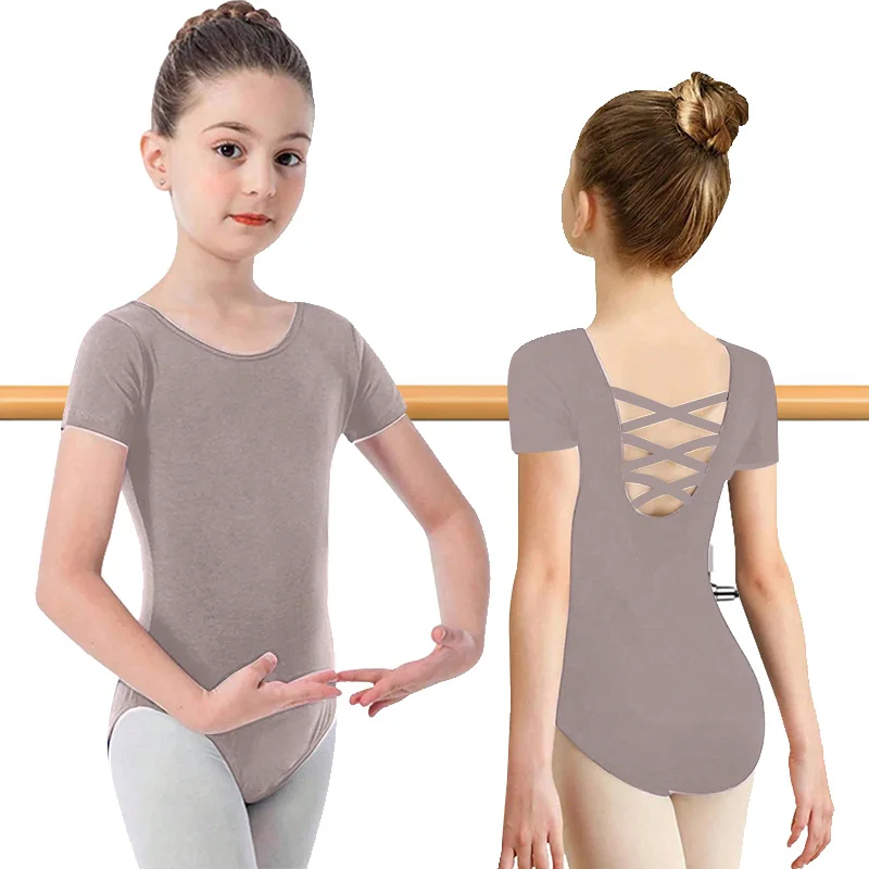 الفتيات فريق قصيرة الأكمام الباليه ملابس رقص الجمباز لفتاة الجمباز الرقص القمم مع الأشرطة المتقاطعة الظهر وبطانة ناعمة ثياب الرقص