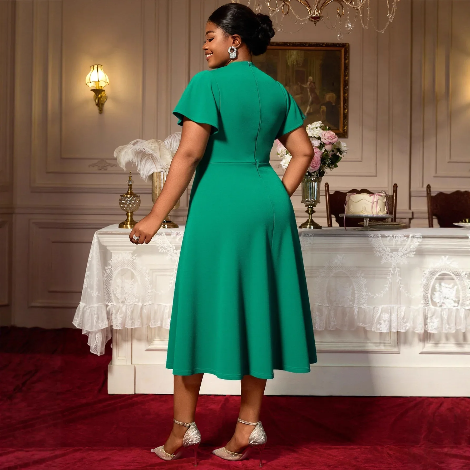 L-4XL حجم كبير فساتين الأفريقية للنساء الخريف أنيقة الأفريقية قصيرة الأكمام شبكة البوليستر ميدي فستان Dashiki أفريقيا الملابس #3