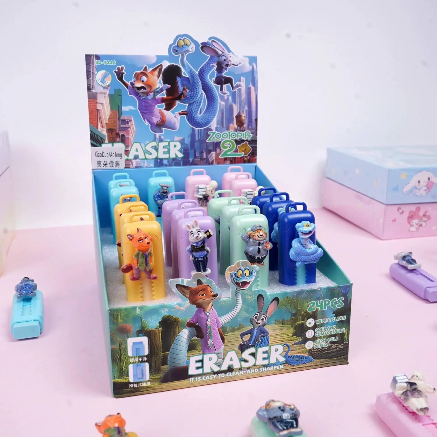 6pcsKawaii ل Zootopia2 ممحاة مطاطية قابلة للسحب لون عشوائي لطيف الكورية القرطاسية اللوازم المكتبية المدرسية للعودة إلى المدرسة
