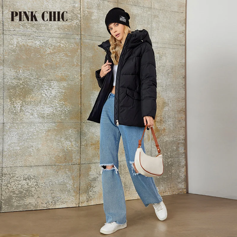 Imagem -03 - Chic-parka Curta com Capuz com Laço Feminino Jaqueta Quente Bolso Cabolsa de Inverno Fêmea W6509 2023 Rosa