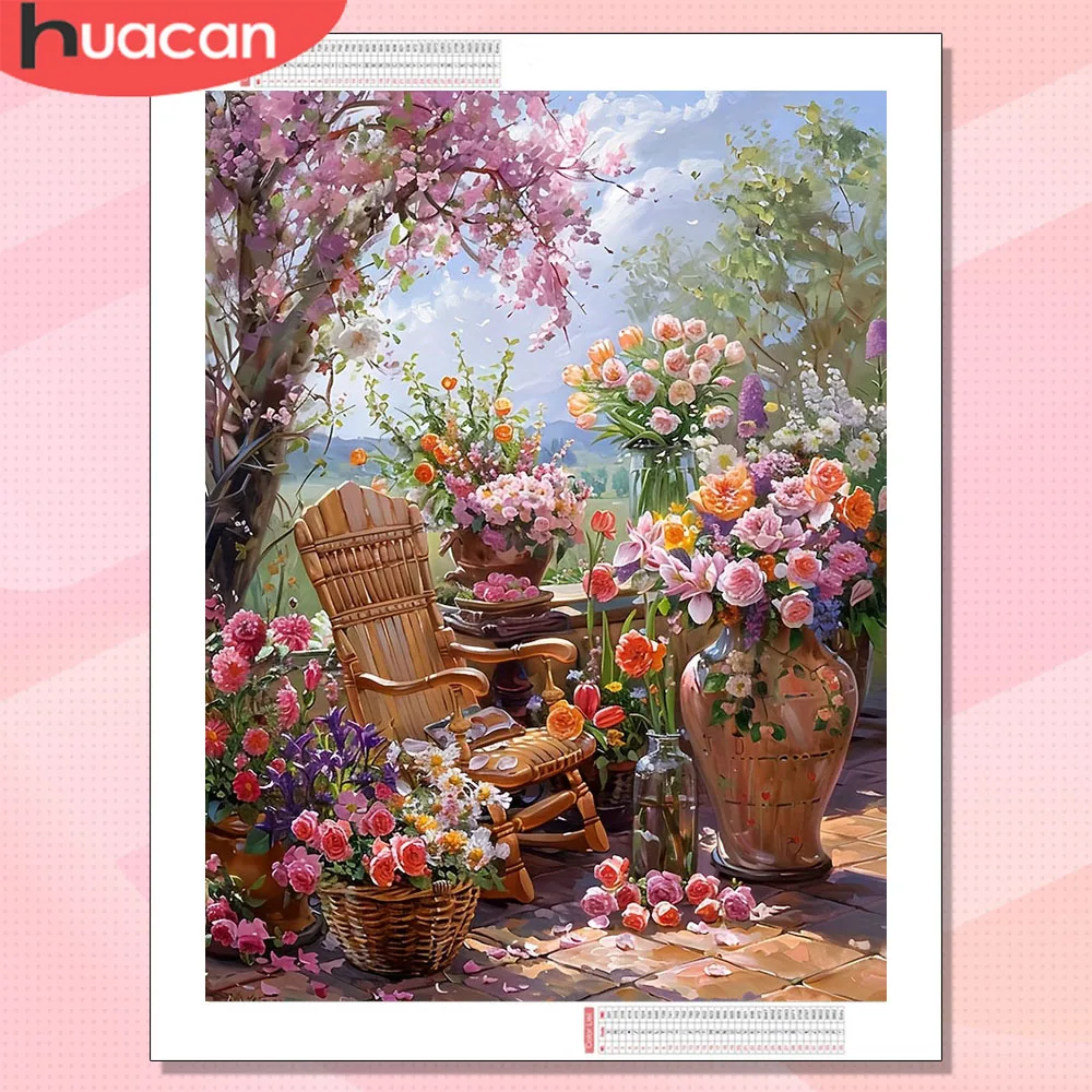 HUACAN Diamant-Malerei Garten-Landschaft Mosaik Rosenblüte Vollquadrat Rundbohrer Dekorative Gemälde Blumenmotiv