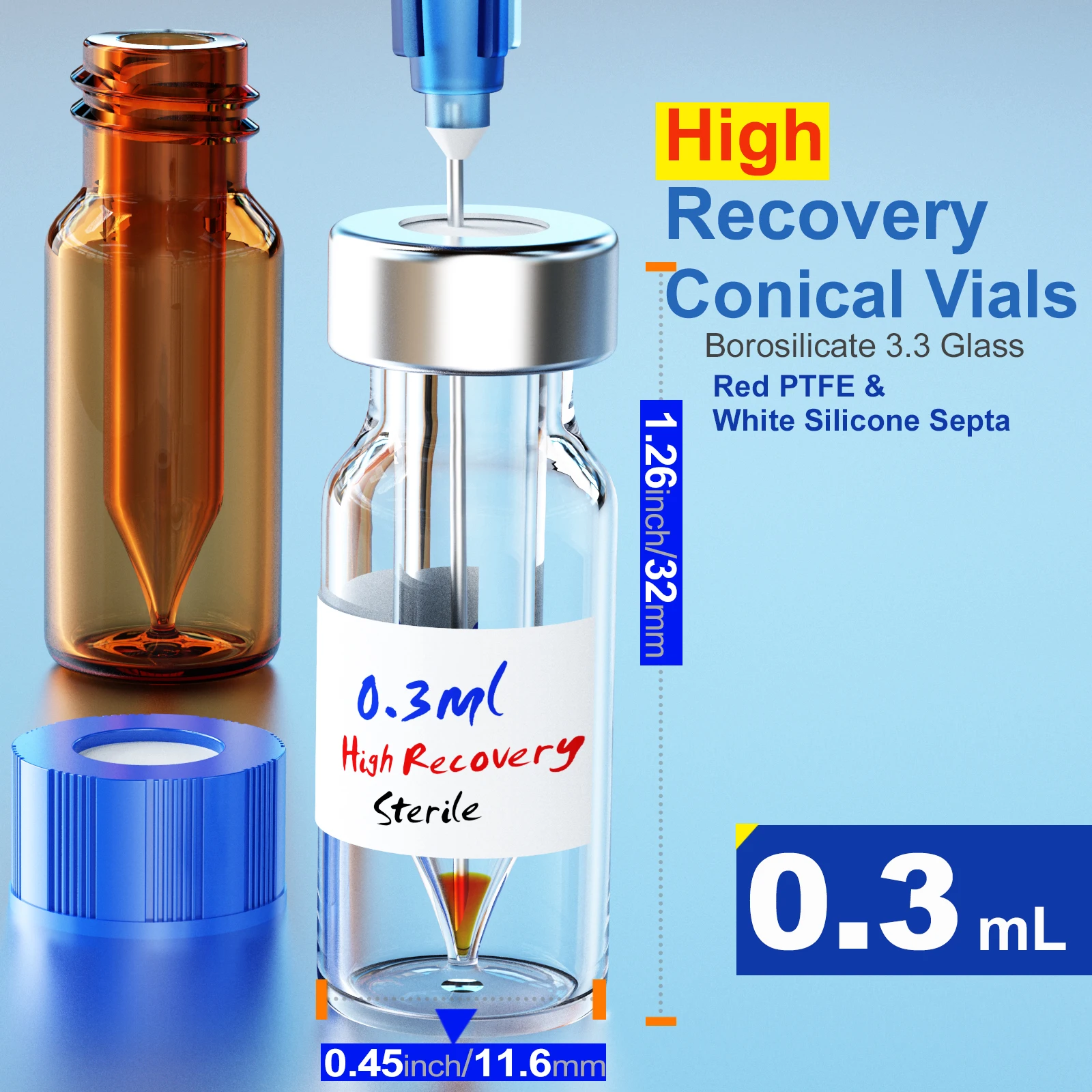 Sterile Vials with  Screw Cap,  Micro-insert Vials Glass Insert Conical Bottom Shell Vials for Maximum Retrieval,6pcs