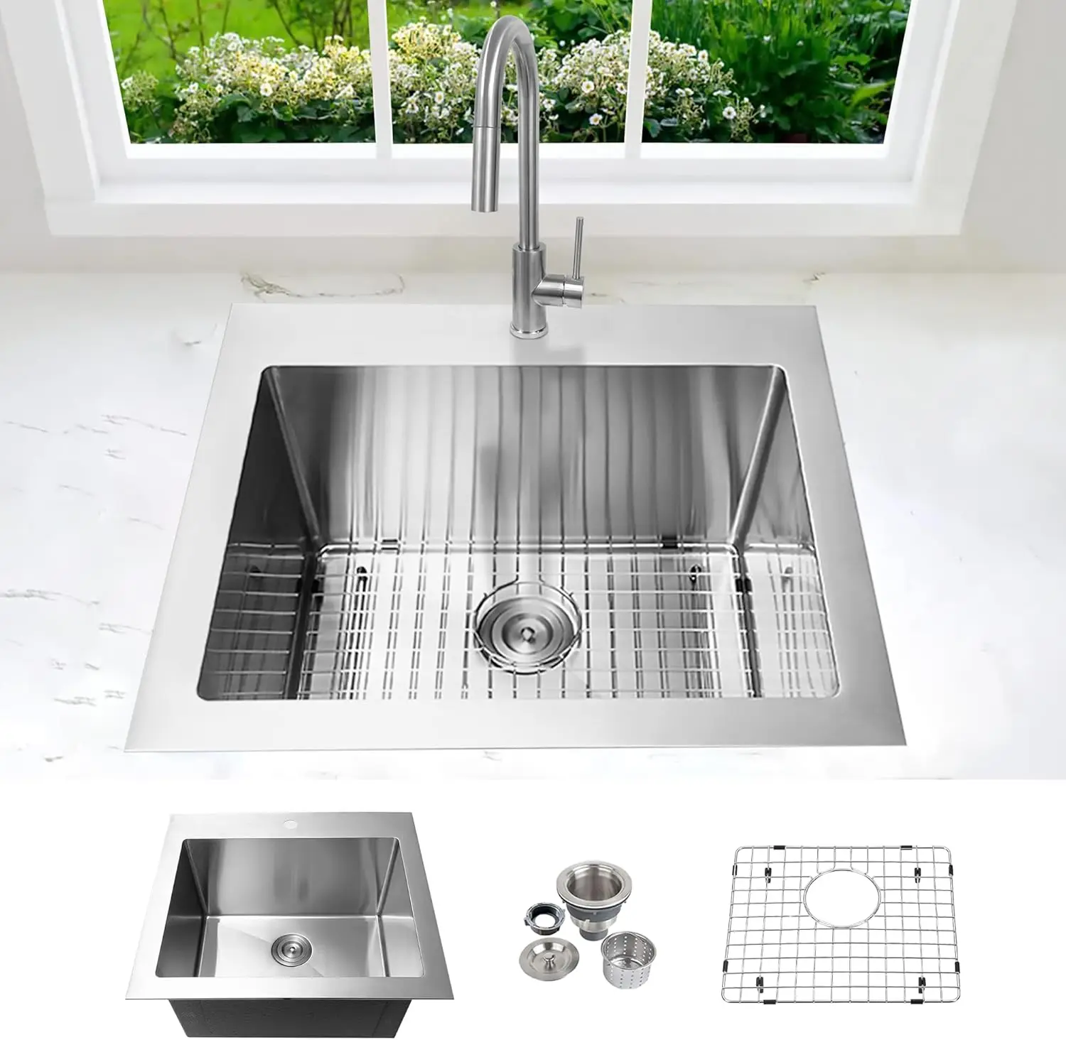 Gauge Stainless Steel Undermount or Topmount Drop In Single Bowl with Sink Strainer and Bottom Sink Grid Combo Package