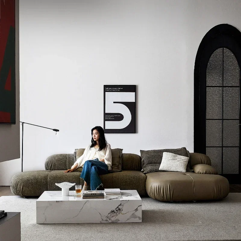 Italian minimalist leather sofa leather cloth combined villa large flat living room corner sofa