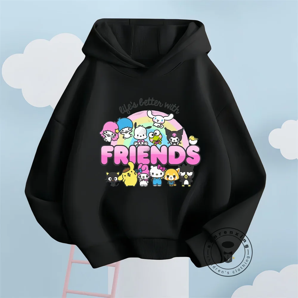 Charming Hello Kitty Cartoon Hoodies for Boys Girls with Elastic Waist Solid Colors Sanrio Comfort for Autumn and Winter Season