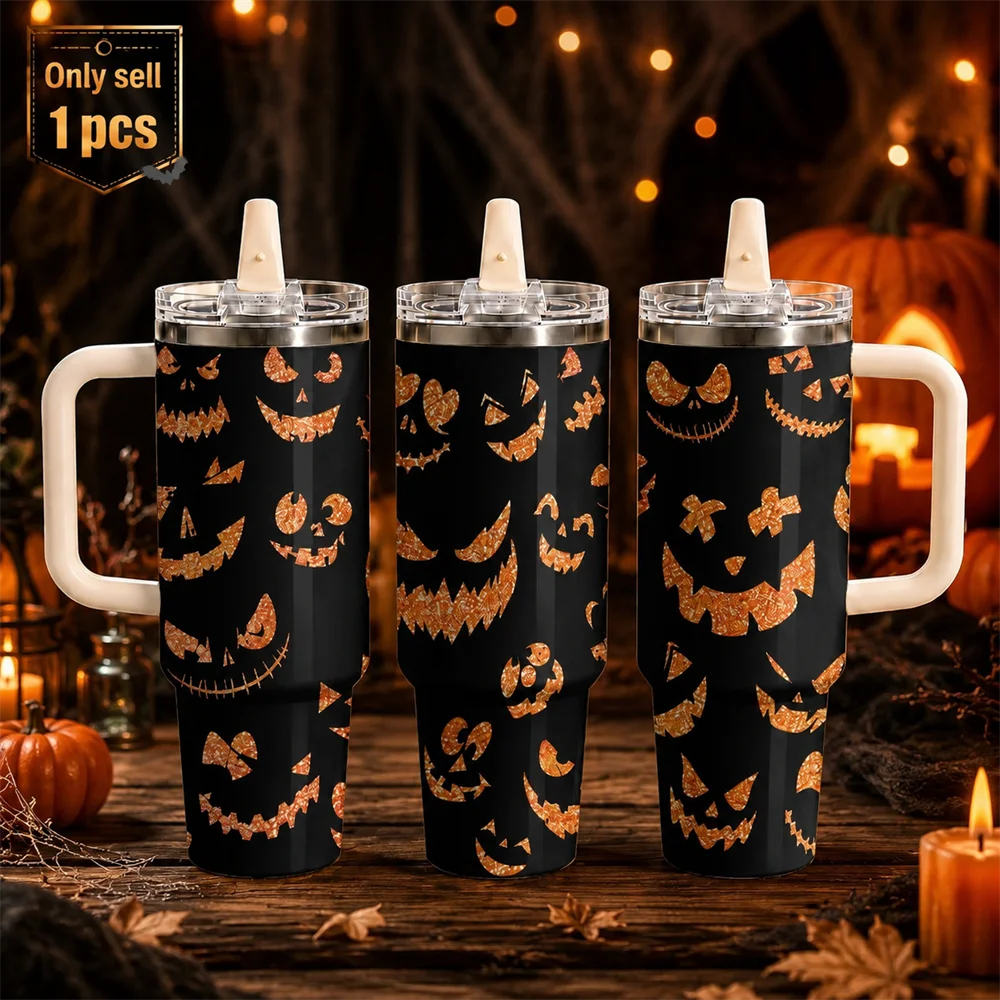 Halloween Spooky Jack O Lantern Vacuum Flasks 40oz Thermal Tumbler with Handle Stainless Steel Insulated Water Portable Mug Cup