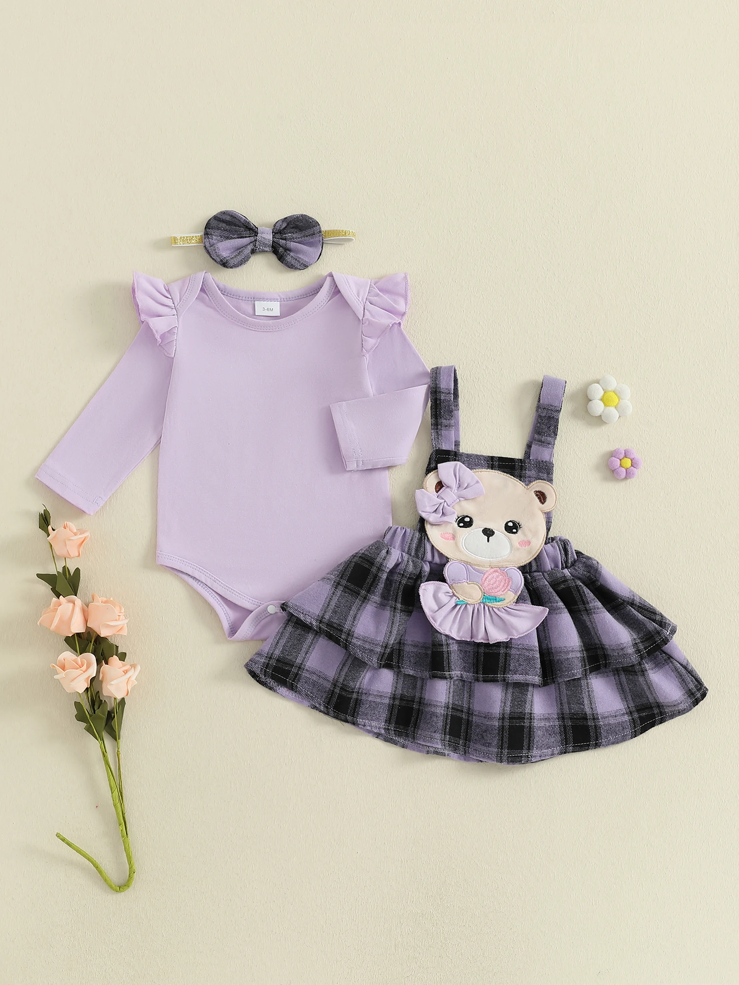 

Toddler Girl Winter Outfit Cute Bunny Print Long Sleeve Romper Ruffle Suspender Skirt and Bow Headband 3 Piece Set for Fall