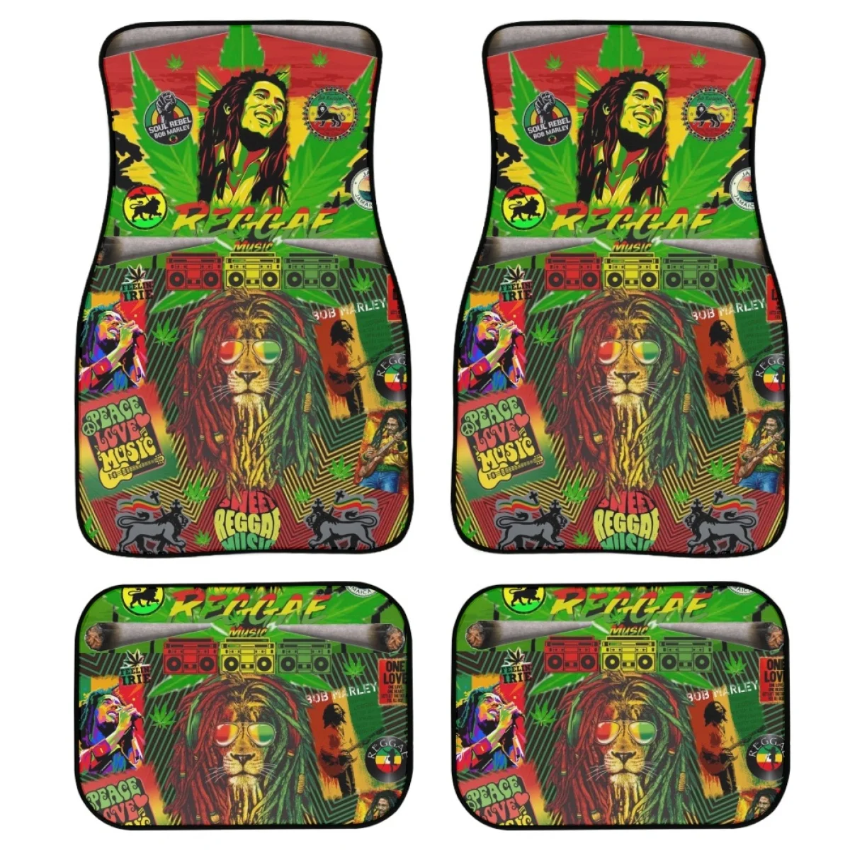 Jamaican Reggae Music Bob Marley Design Car Floor Mat Full Set of 4 Front Rear Floor Carpets Protection Auto SUV Truck Van Sedan