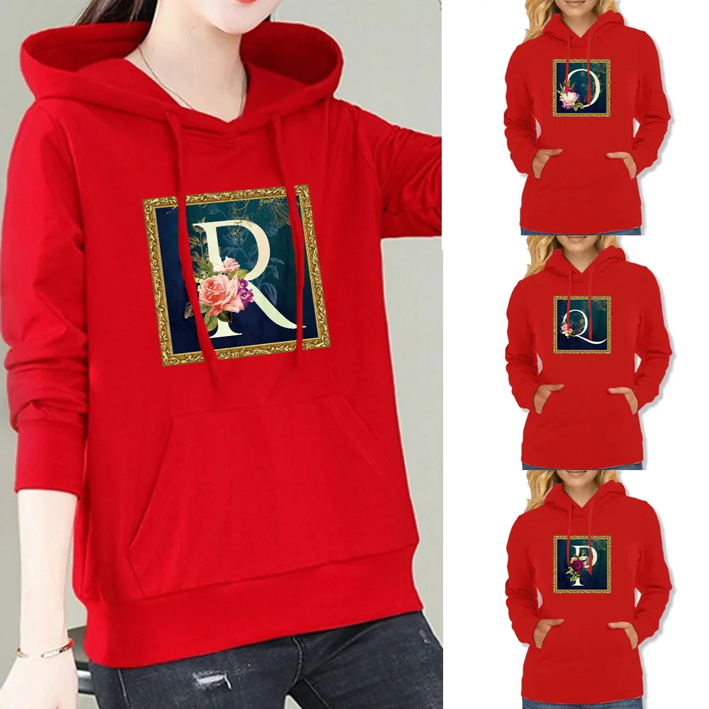 

New Fashion Women's Hoodie Loose Pocket Red Sweatshirt Flower Letter Series Printed Pattern Casual Hip Hop Hoodie Sweatshirt