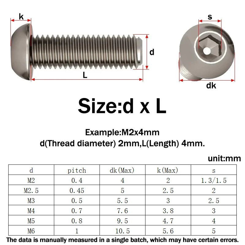 10Pcs M2 M2.5 M3 M4 TA2 Pure Titanium Hexagon Socket Button Head Screw Bolt Allen Round Head Machine Screw Length 4-30mm ISO7380