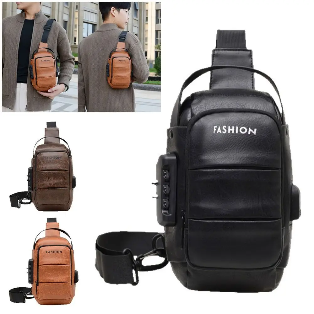 Casual Anti Theft Password Lock Men's Chest Bag with USB Port PU Waterproof Shoulder Bags Travel Chest Bags for Outdoor Sports