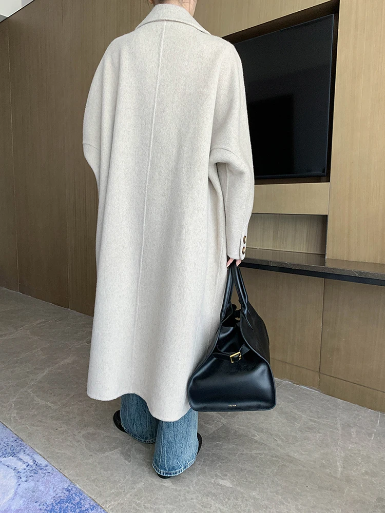 66% Wool Oat Color Big Size Elegant Woolen Coat New Lapel Long Sleeve Women Jacket Fashion Tide Autumn Winter