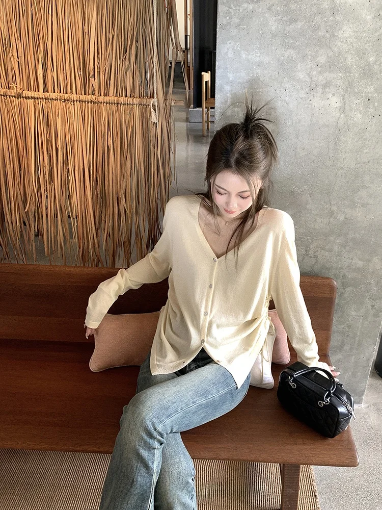 

Cleanfit Knitted Sweater Women's Early Autumn Semi-Transparent Open Cardigan Long Sve V-Ne Regular Fit Thin Sle